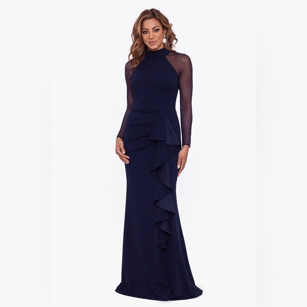 Betsy & Adam “Natalie" Long Mock Neck Mesh Sleeve Maxi Dress Size 12
